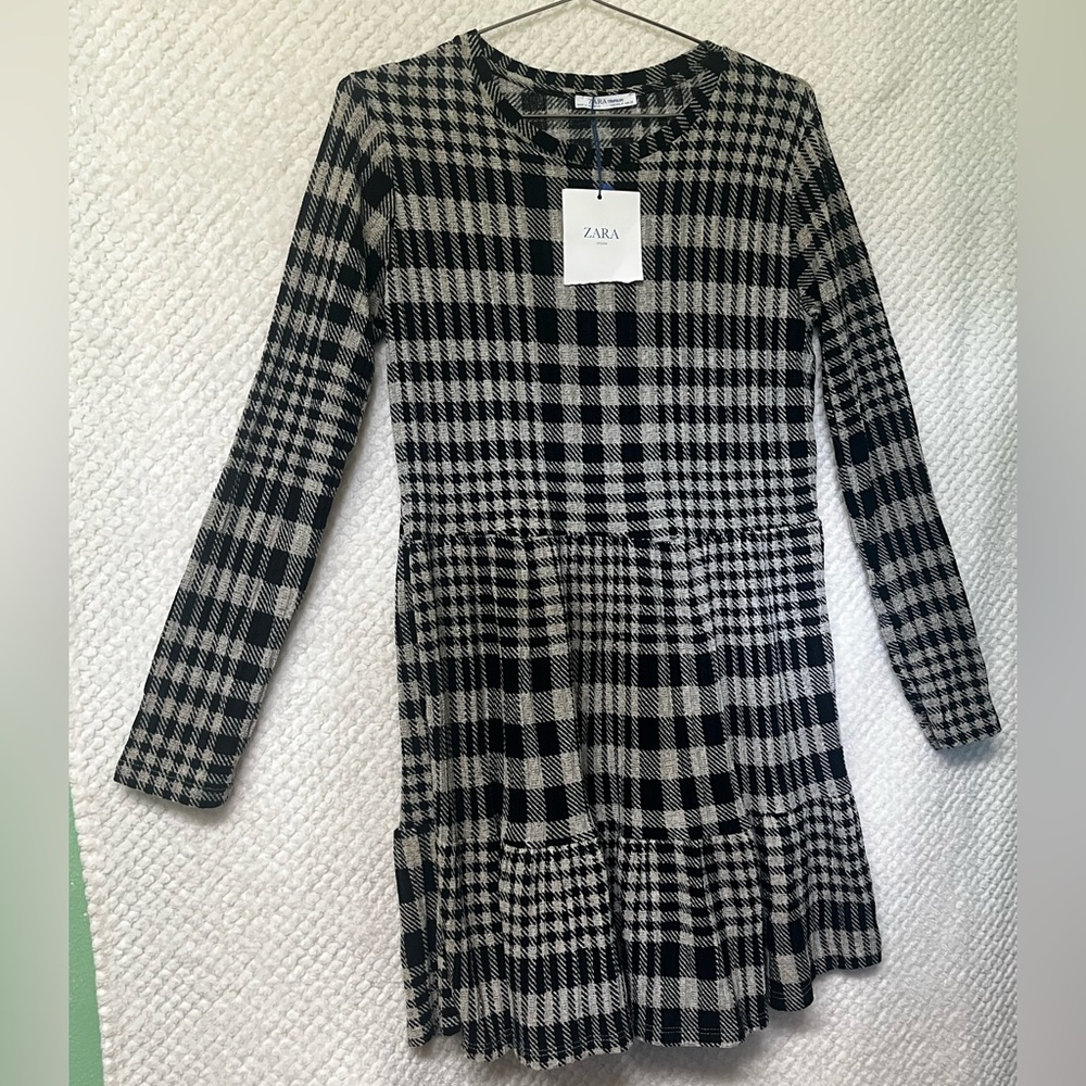 Womens Zara Long Sleeve Mini Dress Black and White Plaid Dress Medium Casual NWT - Picture 3 of 7
